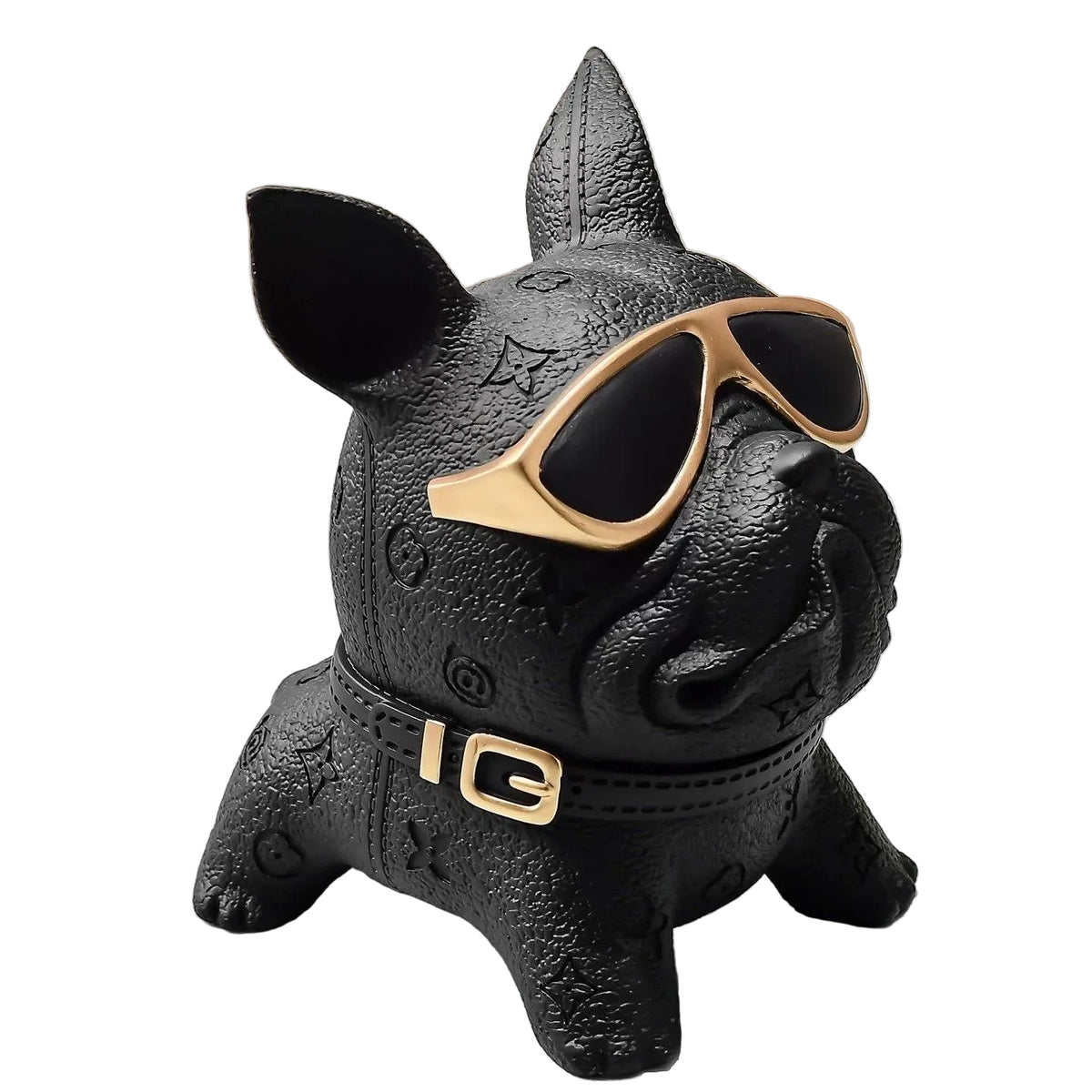Black French Bulldog tissue holder standing with gold-frame sunglasses and gold-tone buckle
