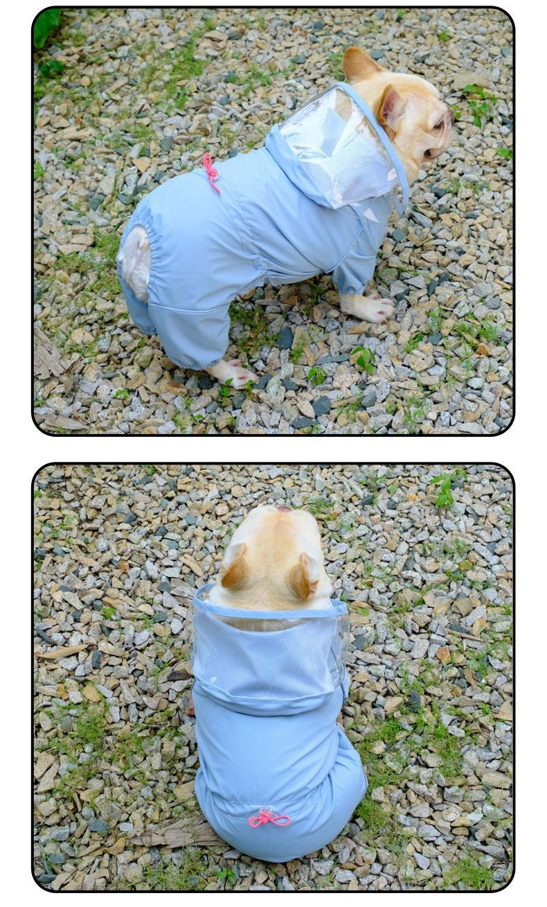 Blue clear-visor raincoat — rear and top views showing pink fit toggle