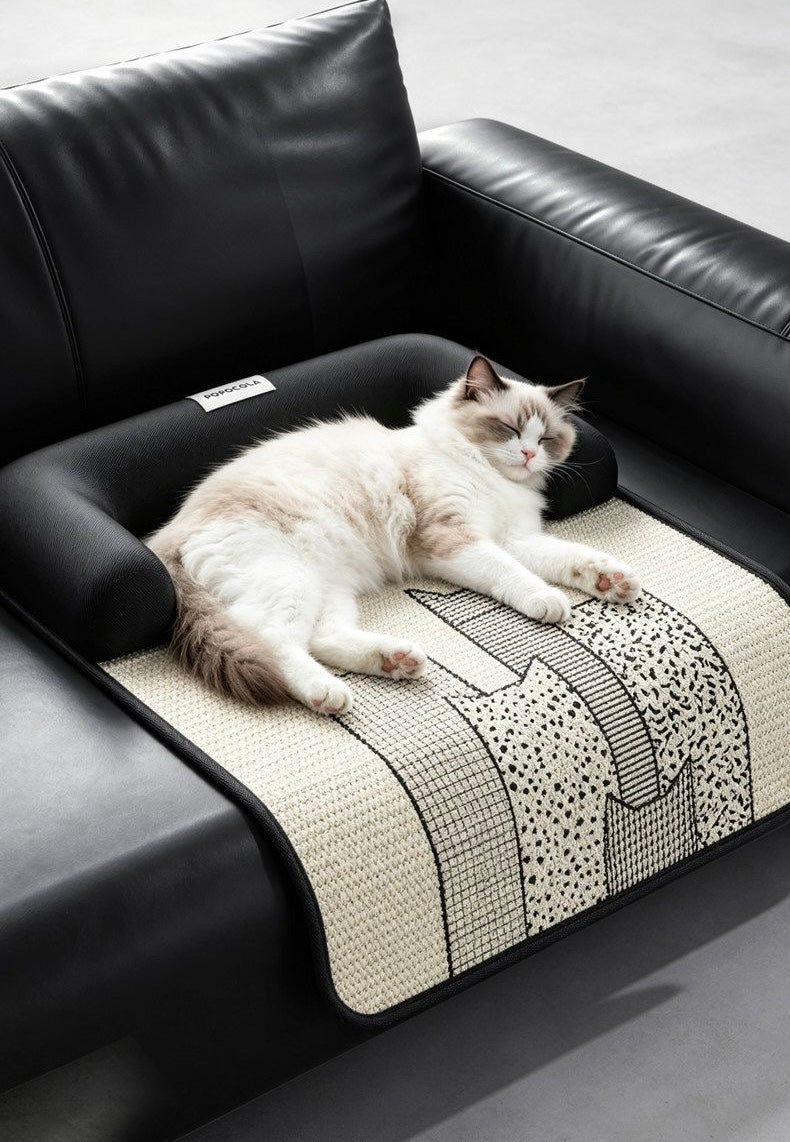 Cat sleeping on cream sisal sofa pet mat with black bolster on black leather sofa