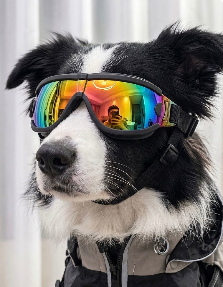 Pet protective goggles — Border Collie with rainbow iridescent lenses and grey jacket