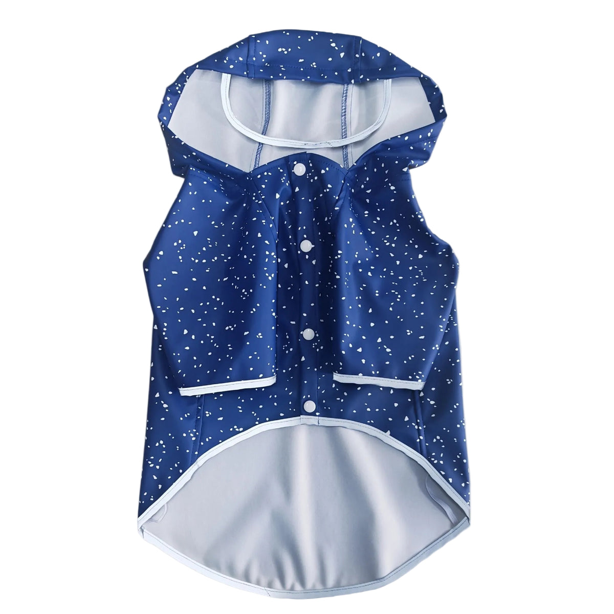 Navy speckled pet raincoat with clear plastic visor — flat front product shot