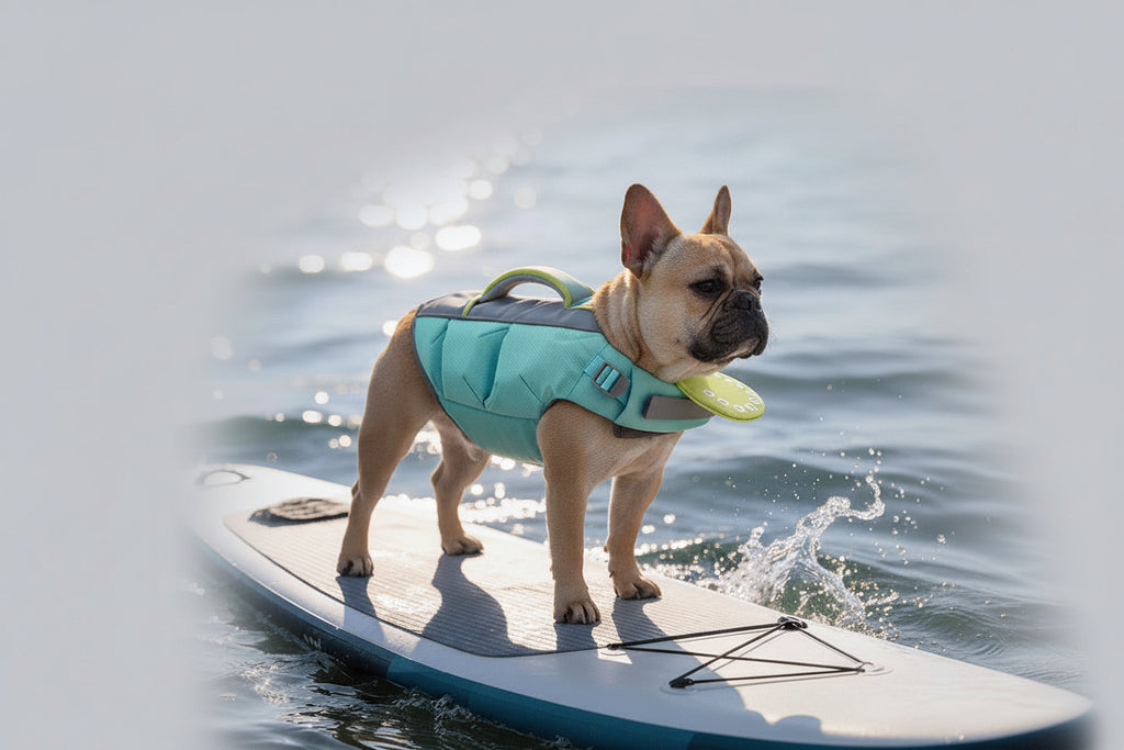 Schnauzer on a paddleboard wearing teal and grey dog life jacket with lime-green chin float