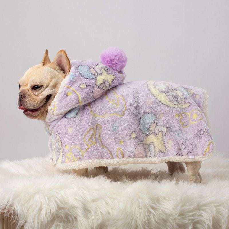 Purple glow-print hooded pet cape — side view, size M tag