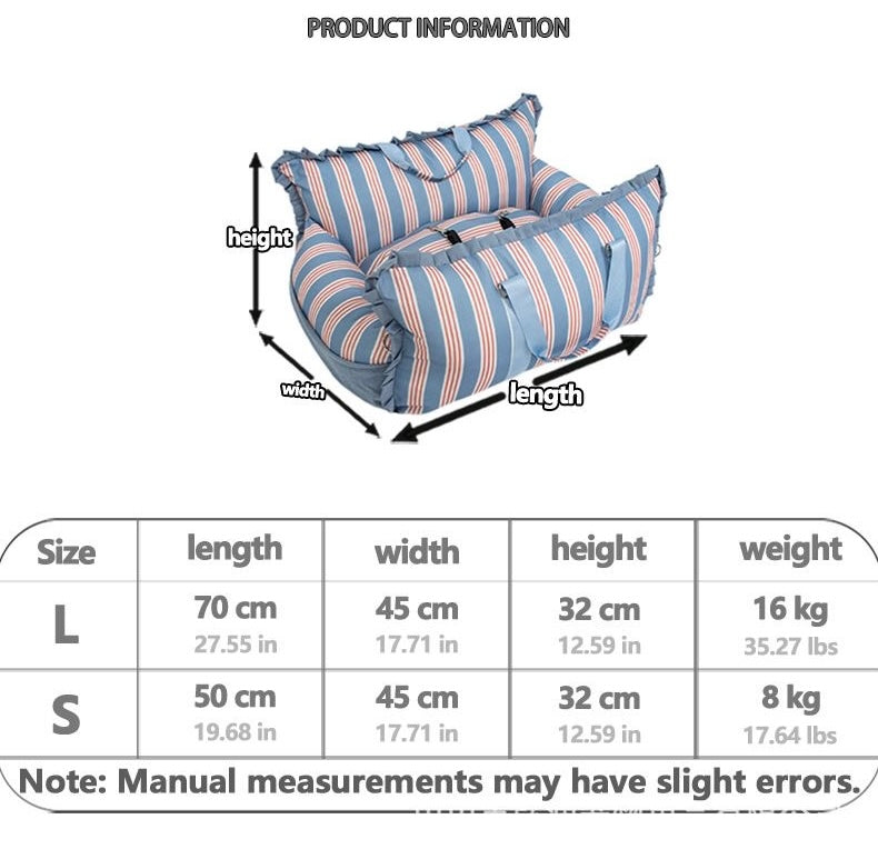 Pet car seat size chart — S 50×45×32 cm up to 8 kg; L 70×45×32 cm up to 16 kg