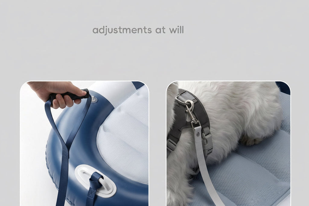Built-in leash tether buckle, reinforced clip, and pull/carry strap