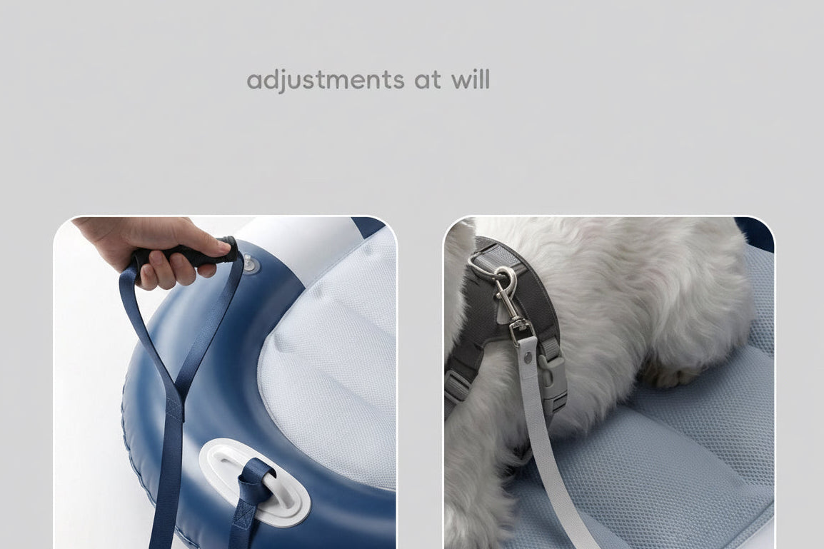 Built-in leash tether buckle, reinforced clip, and pull/carry strap