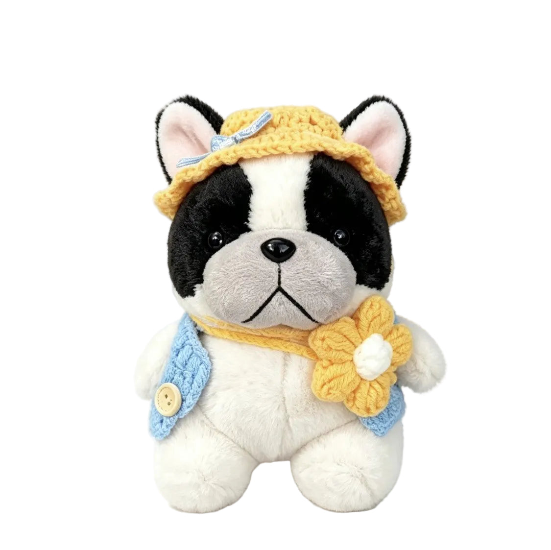 Pied Frenchie plush bag charm in yellow crochet hat