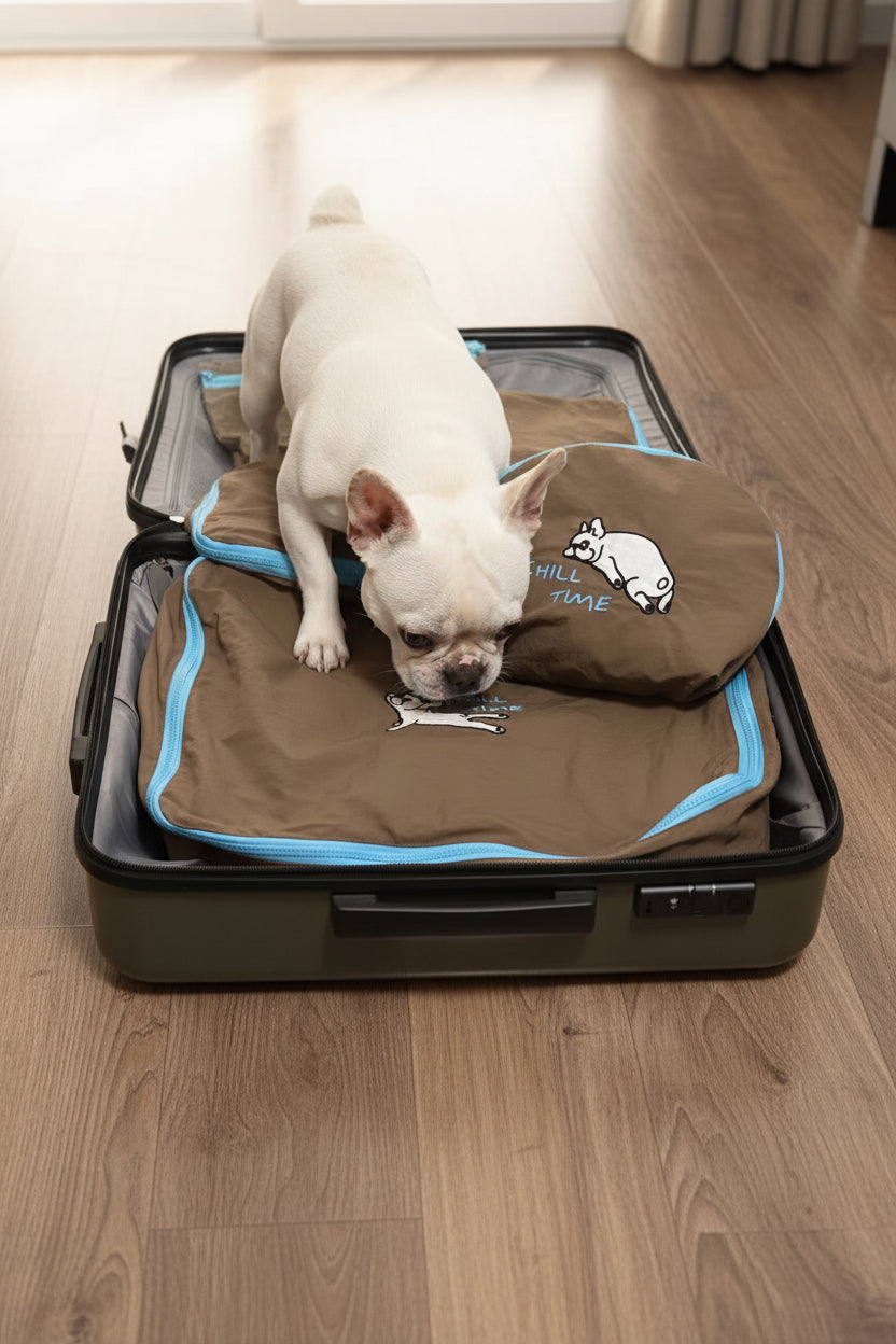 Brown Chill Time travel pouches packed in a suitcase