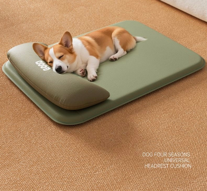 Sage green four-season universal headrest cushion — Corgi puppy sleeping on mat