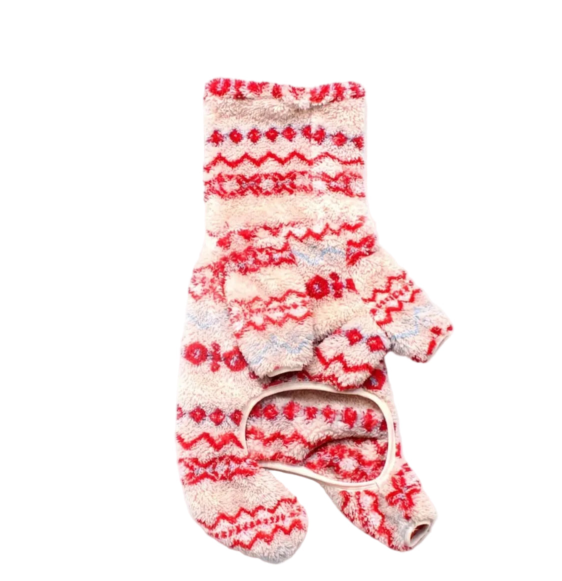 Red Fair Isle four-leg fleece — flat lay underside