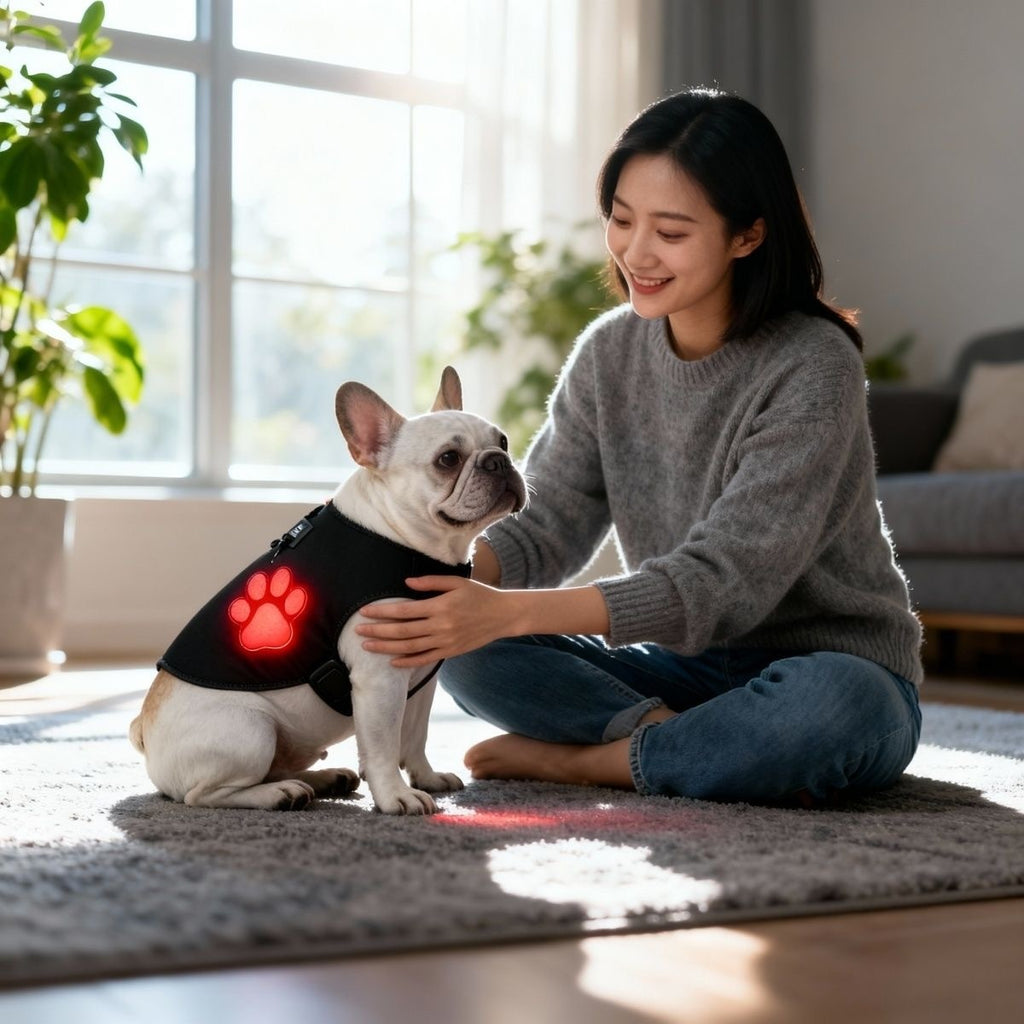 French Bulldog in black red-light comfort vest — lifestyle with owner