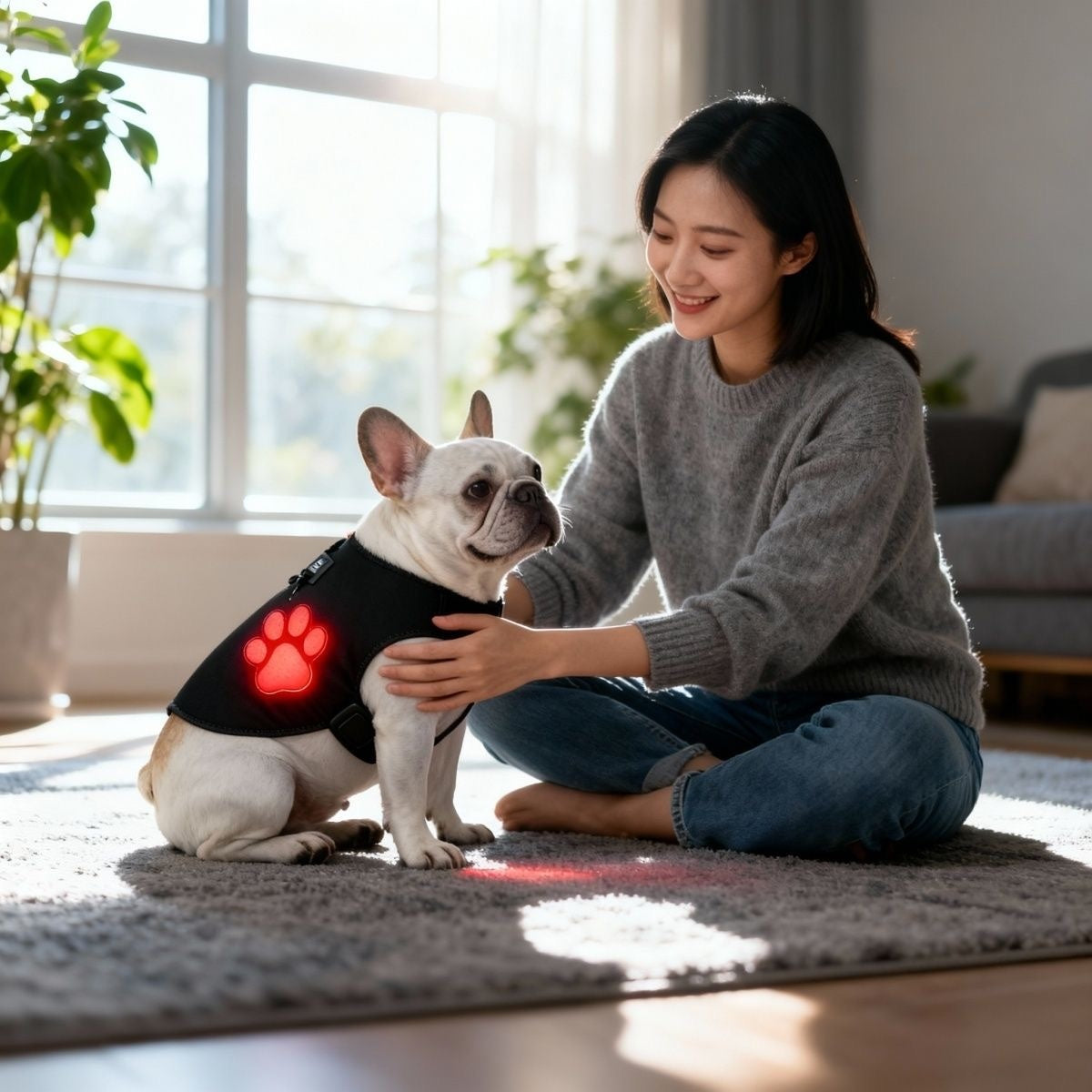 French Bulldog in black red-light comfort vest — lifestyle with owner