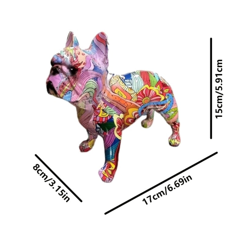 Graffiti Frenchie statue dimensions — about 15 cm H × 17 cm L × 8 cm W