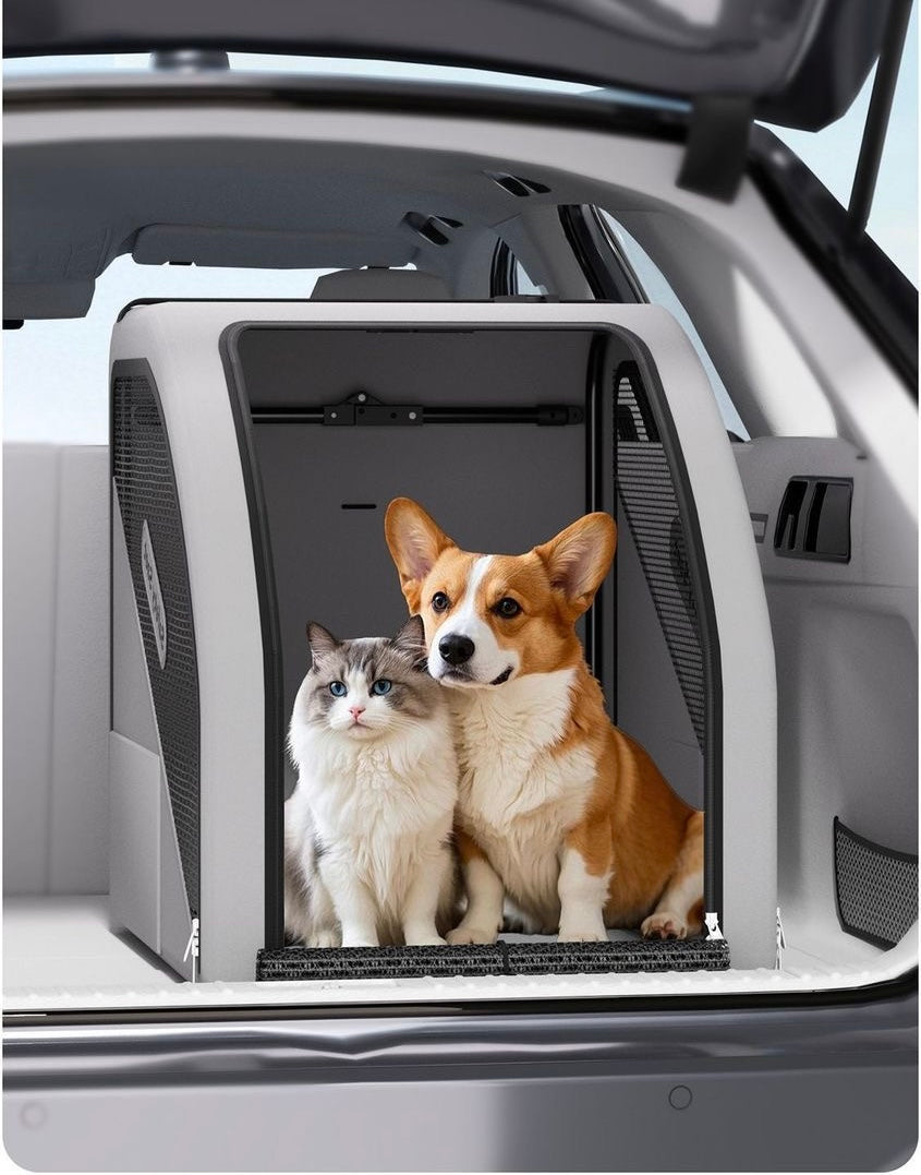 Grey pet car safety seat in SUV trunk with cat and corgi — spacious travel carrier