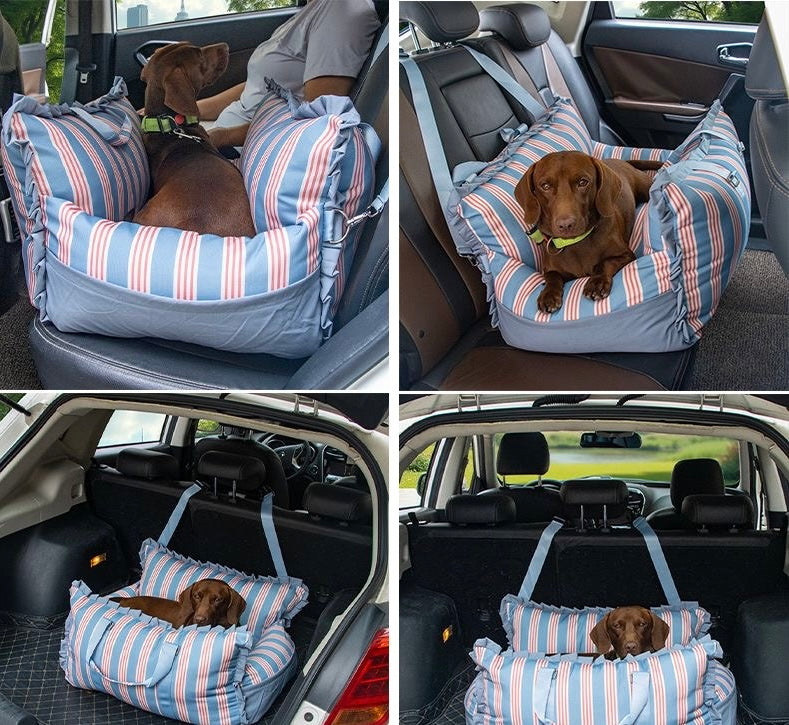 Pet car seat in-car lifestyle collage — striped booster on car seats with dogs