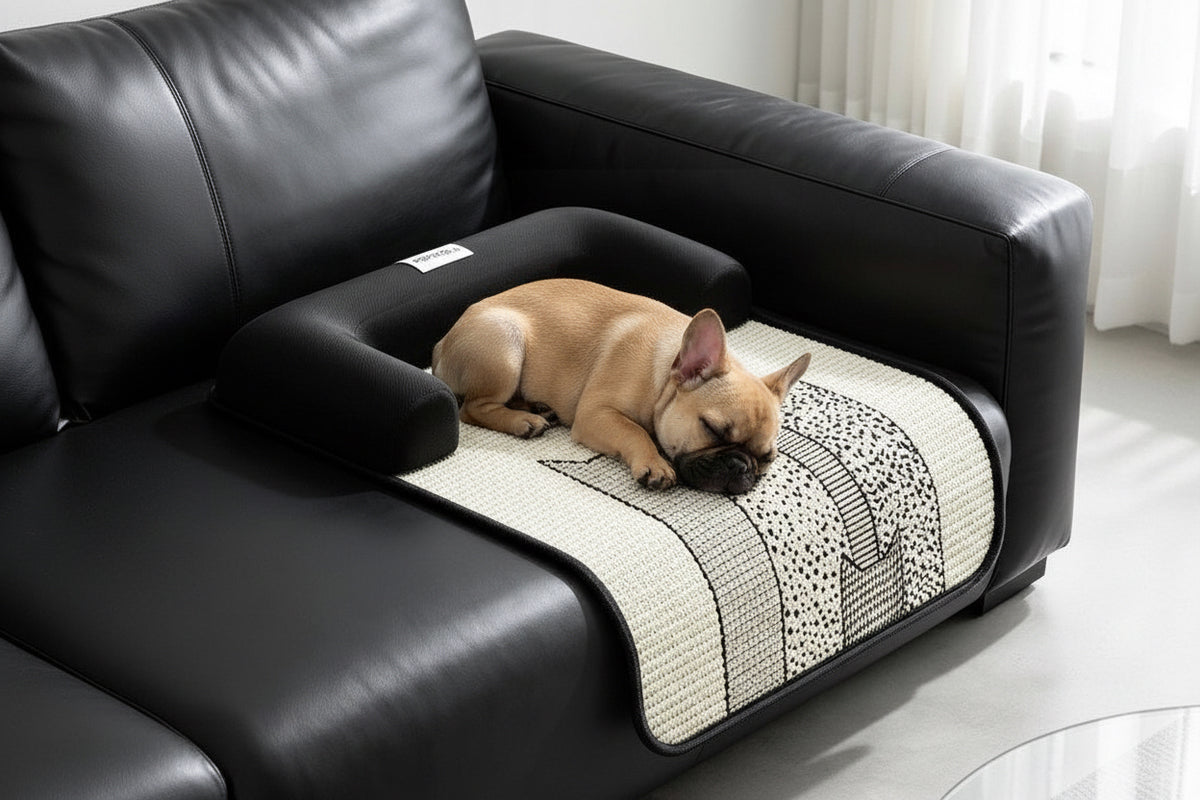 Sisal sofa pet mat draped over black leather sofa cushion edge — empty lifestyle