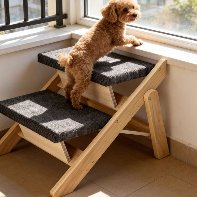 2-step foldable wooden pet stairs — small dog at windowsill
