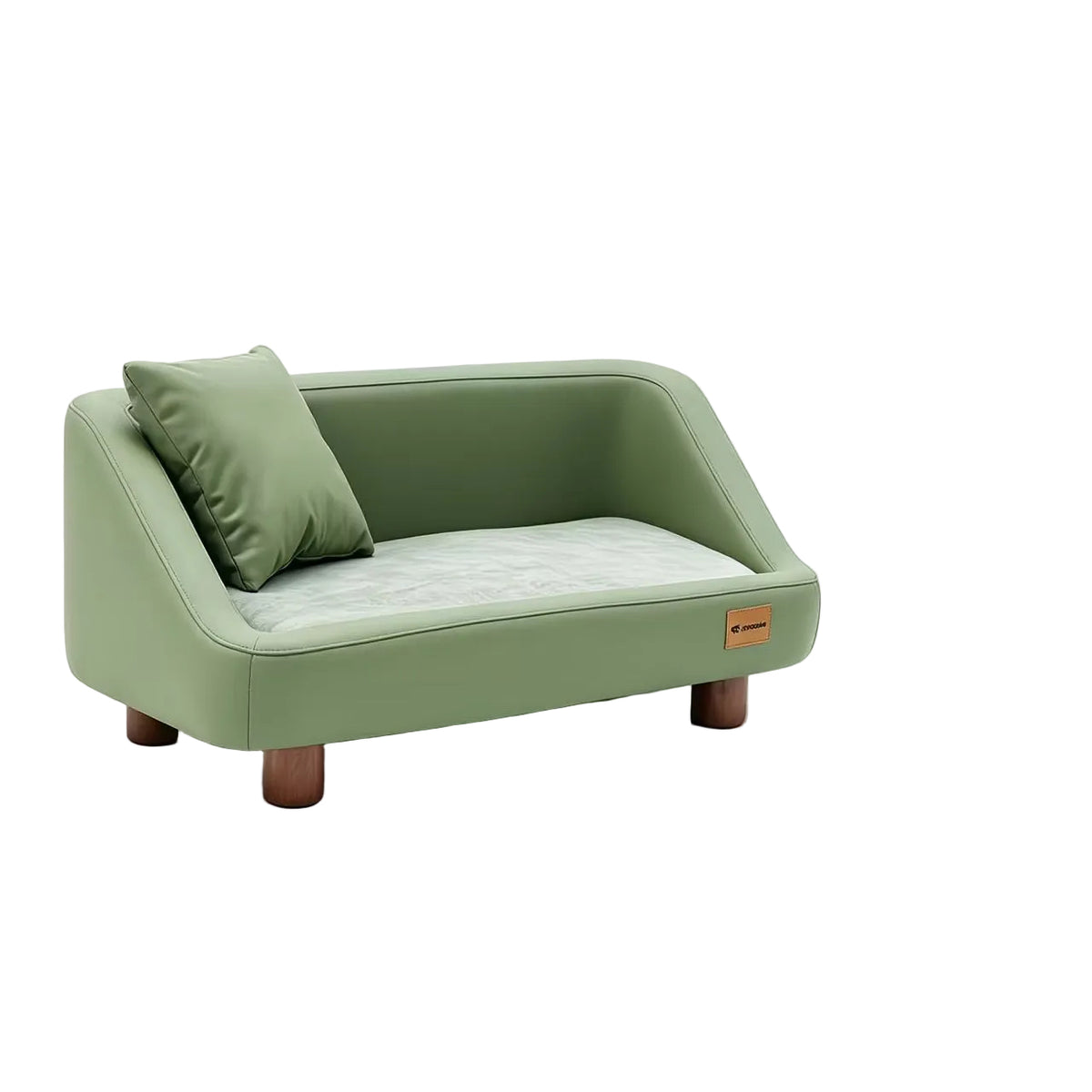 Mint green sofa-style pet bed with cushion and pillow