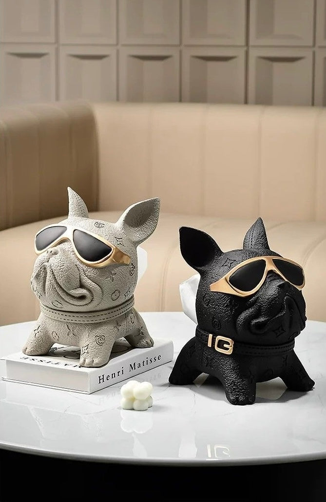 Cream and Black French Bulldog tissue holders together on marble