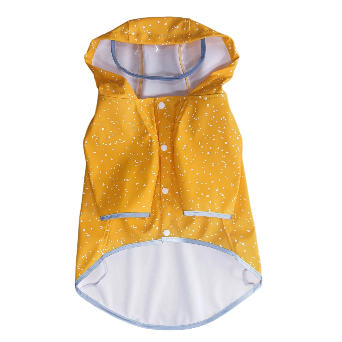 Yellow speckled pet raincoat with clear plastic visor — flat front product shot