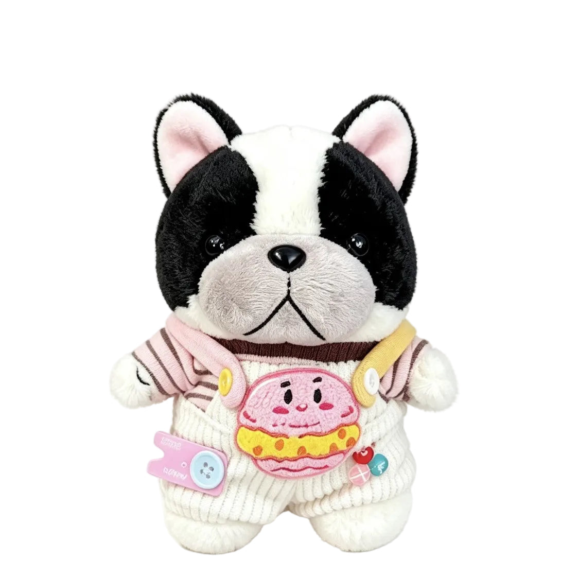 Pied Frenchie plush bag charm in donut overalls
