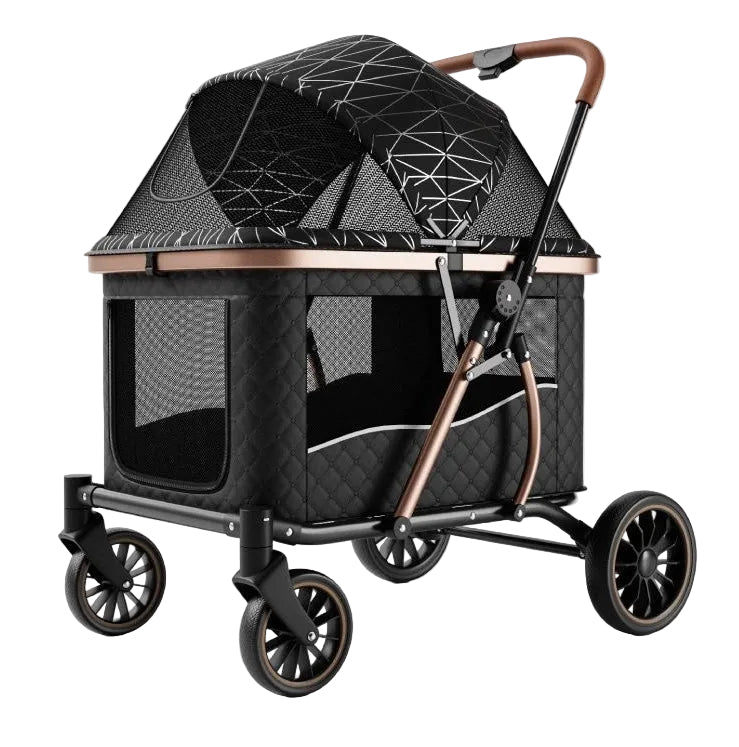 Black pet stroller with geometric canopy and rose-gold accents