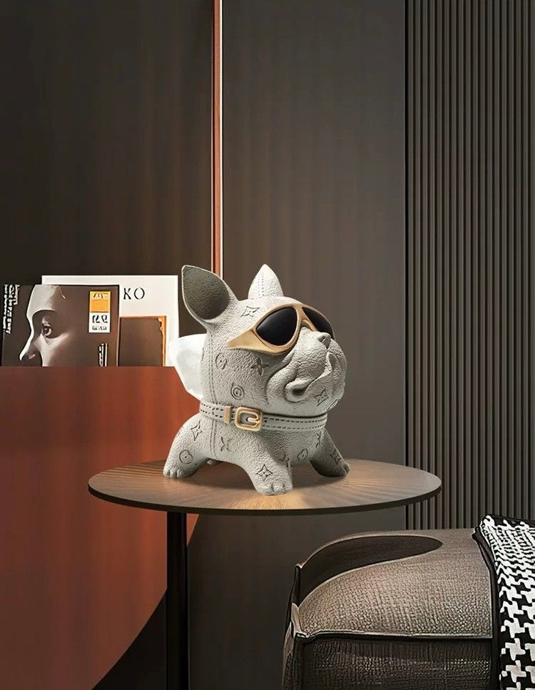 Cream French Bulldog tissue holder on dark wood side table — lifestyle