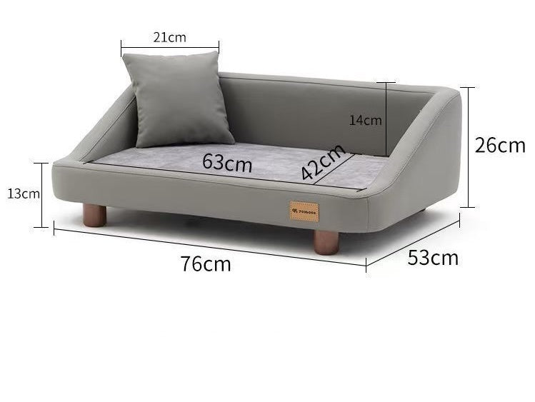 Pet sofa size diagram — about 76 × 53 × 27 cm, fits pets under ~15 kg