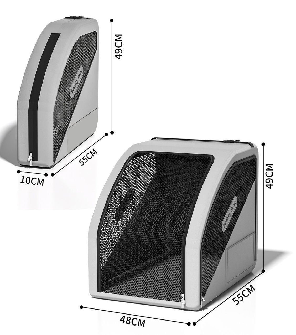 Grey pet car safety seat studio dimensions 48×55×49 cm — folds to about 10 cm thick