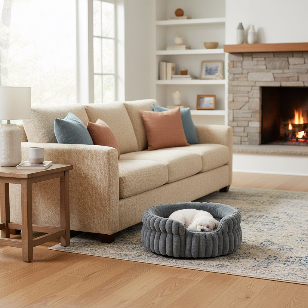 Lifestyle — small dog sleeping in grey plush round pet bed