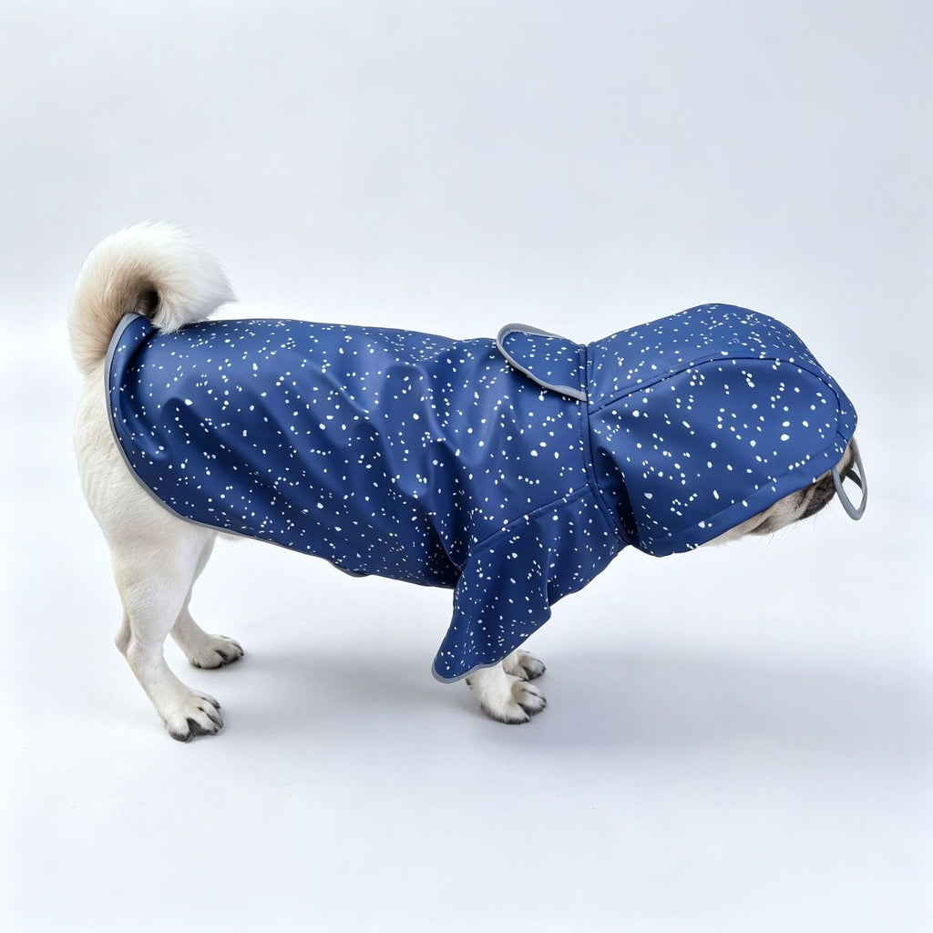 Navy speckled visor pet raincoat on white dog — side view