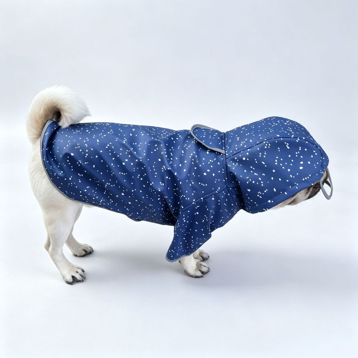 Navy speckled visor pet raincoat on white dog — side view