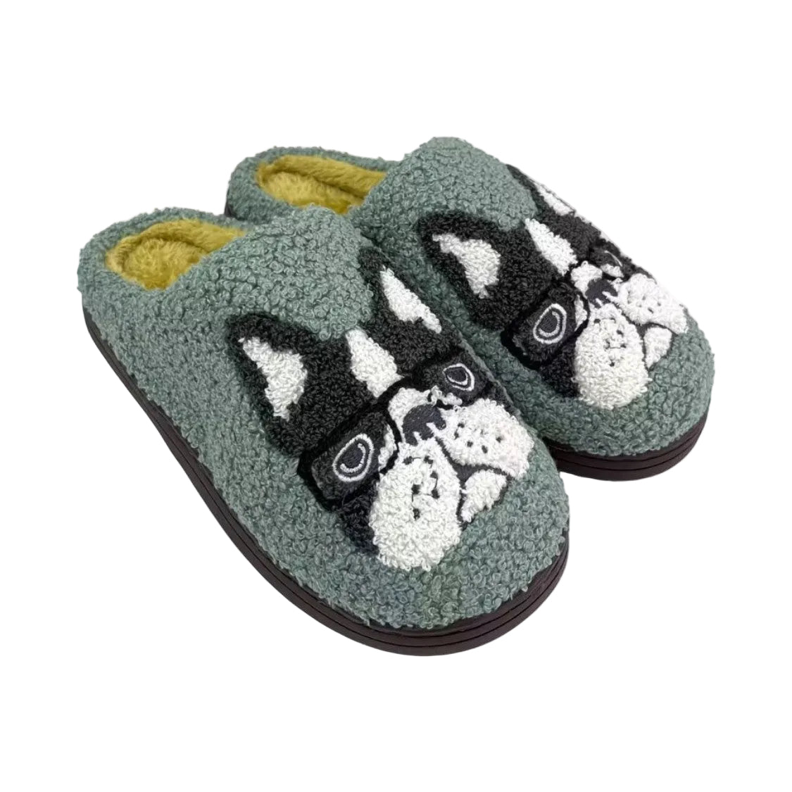 Frenchie Plush Mule Slippers — Cartoon Face