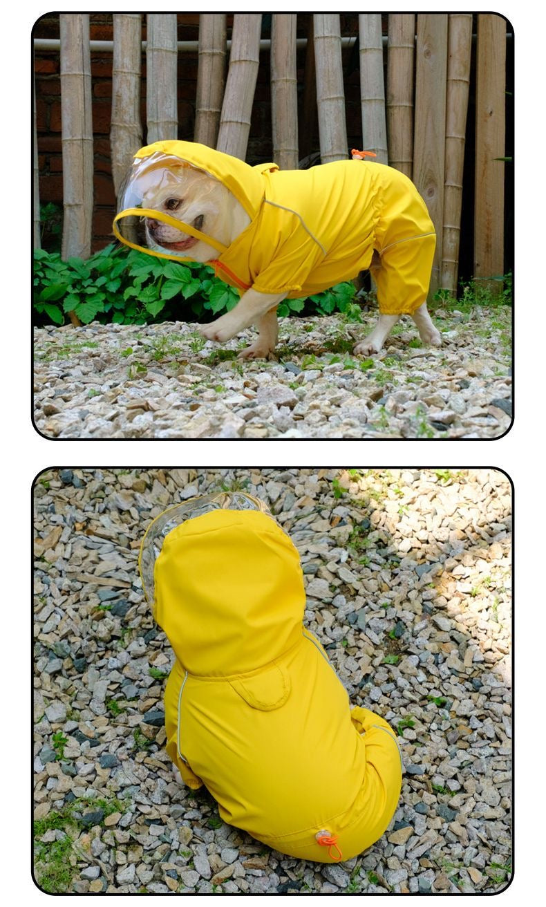 Yellow full-body dog raincoat with clear visor hood — side and rear views