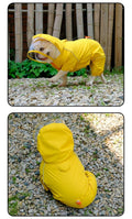 Yellow full-body dog raincoat with clear visor hood — side and rear views