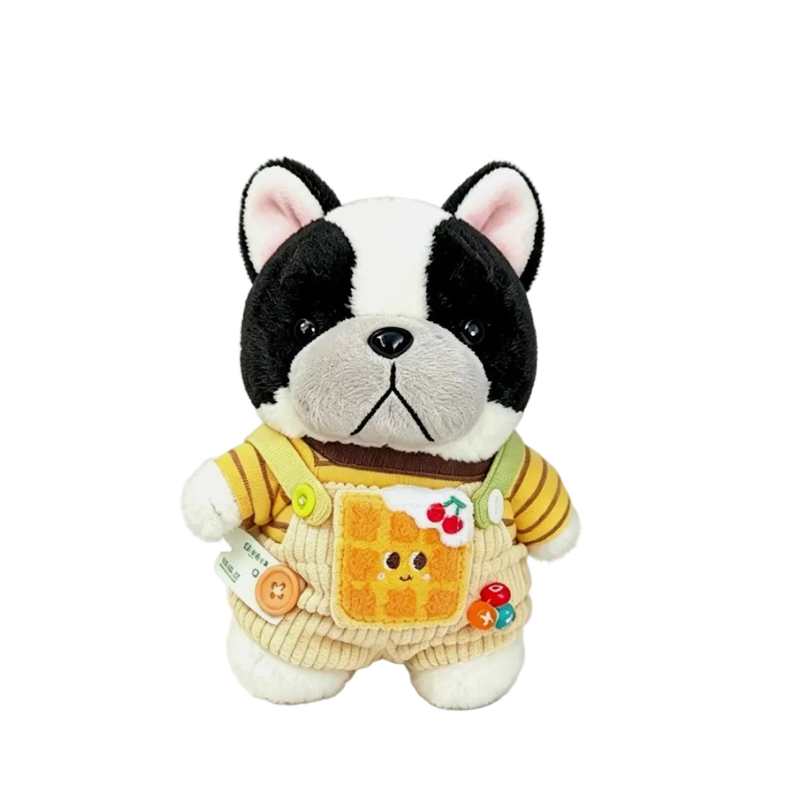 Pied Frenchie plush bag charm in waffle overalls
