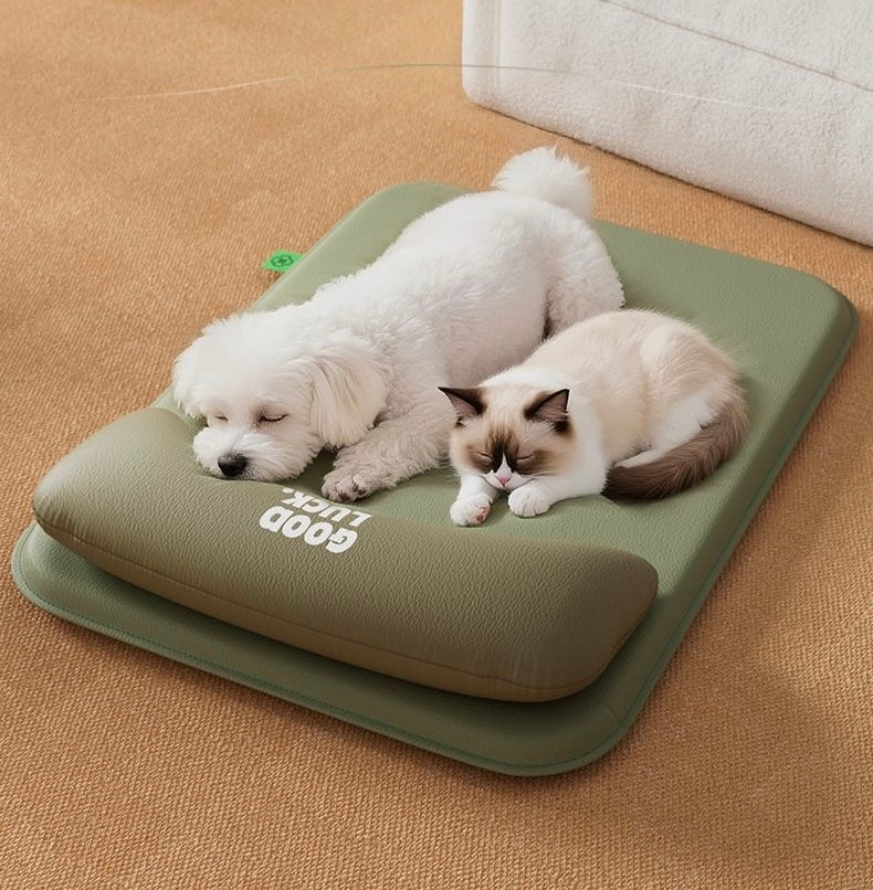 Sage green pet headrest mat lifestyle — dog and cat resting together on mat
