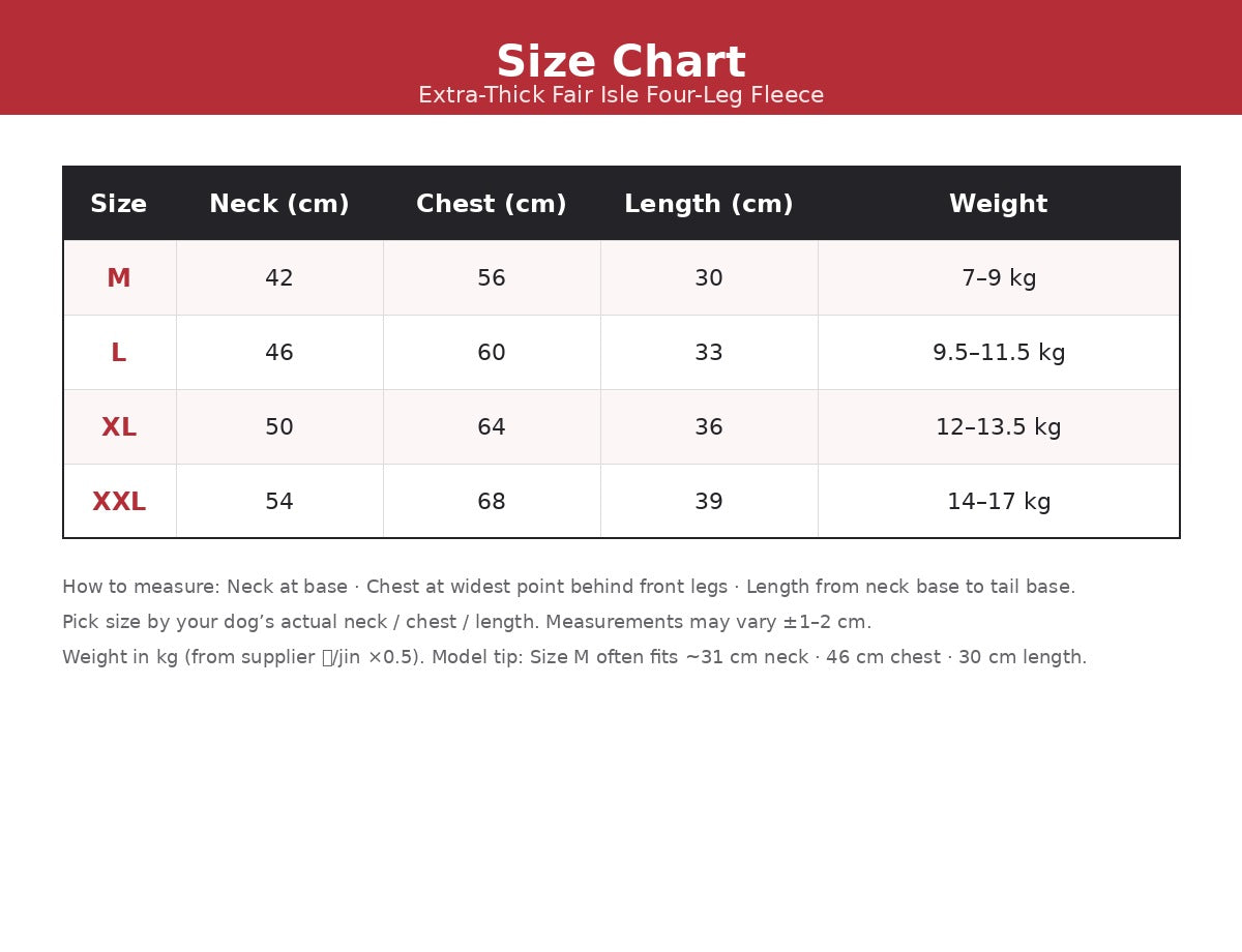 Size chart — Extra-Thick Fair Isle Four-Leg Fleece (M–XXL)