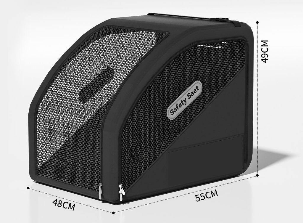 Black pet car safety seat studio dimensions — approx 48 × 55 × 49 cm