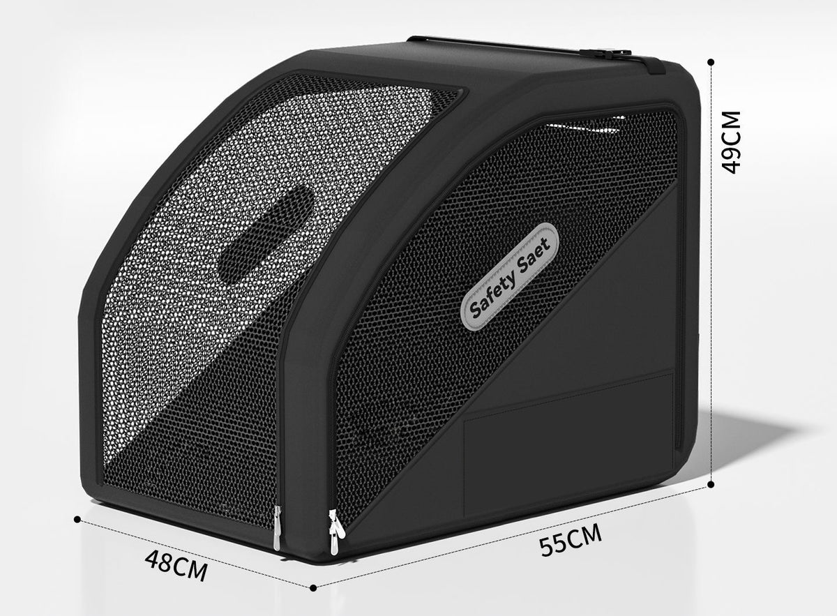 Black pet car safety seat studio dimensions — approx 48 × 55 × 49 cm