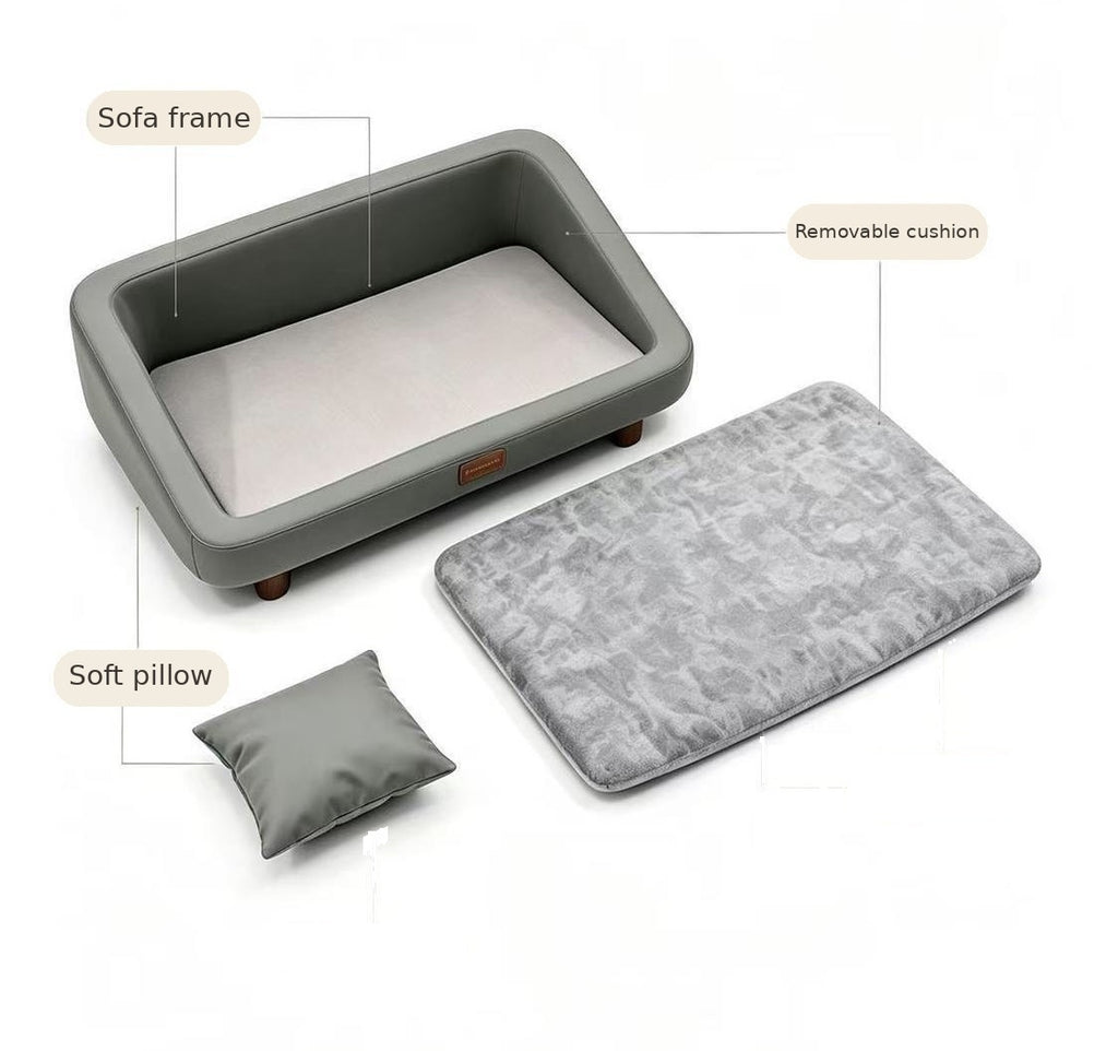 Pet sofa parts diagram — sofa frame, removable cushion, soft pillow (English labels)