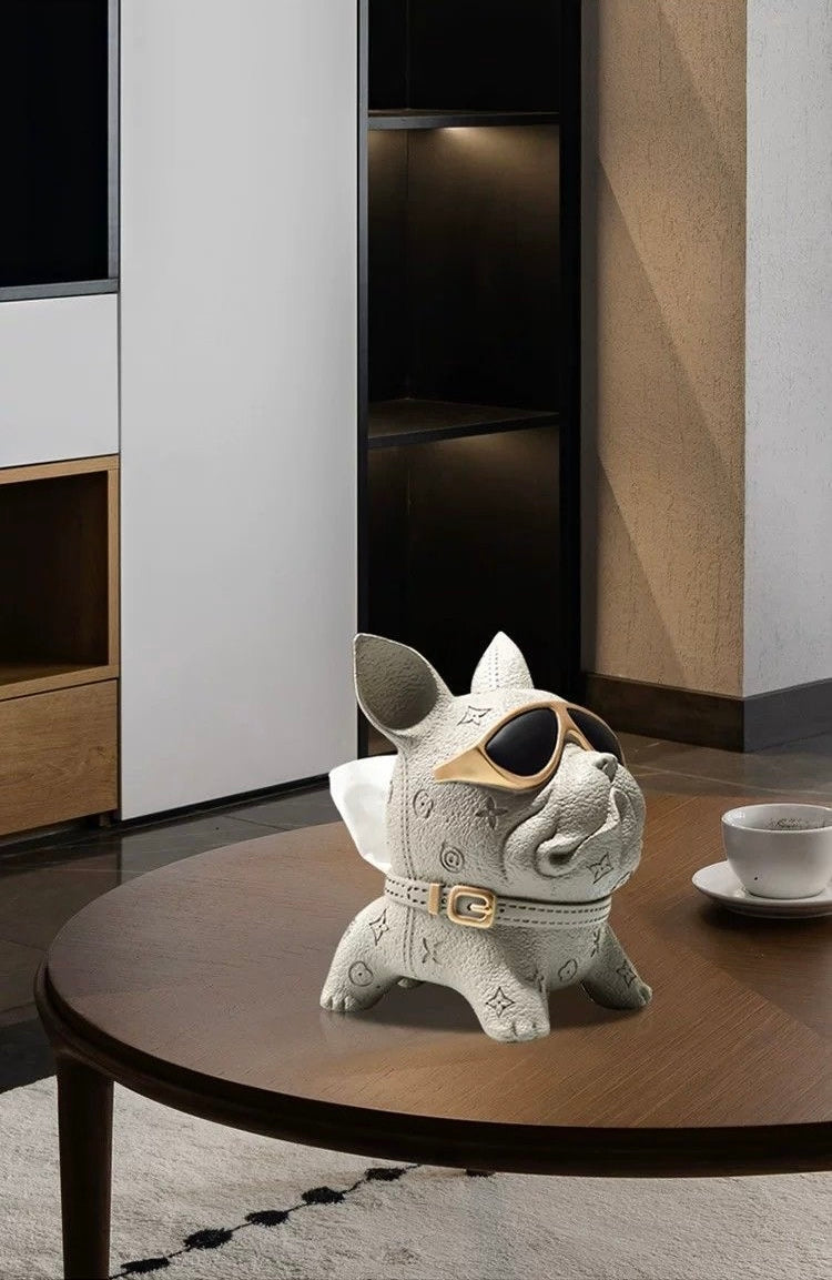 Cream French Bulldog tissue holder on coffee table in living room — lifestyle