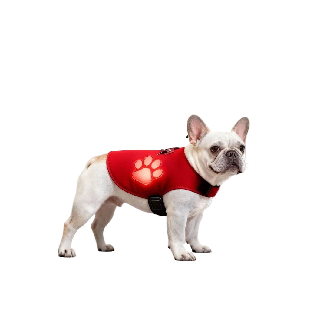French Bulldog in red pet therapy vest — feature diagram