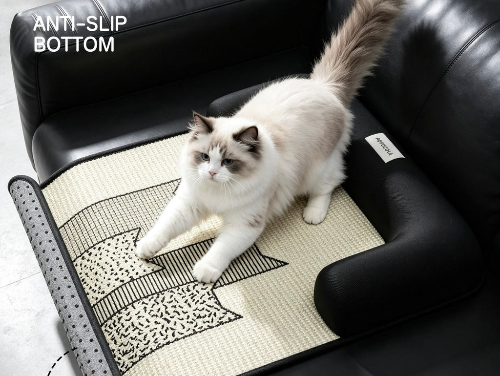 Cat stretching on sisal sofa pet mat — corner flipped to show grey anti-slip dotted bottom