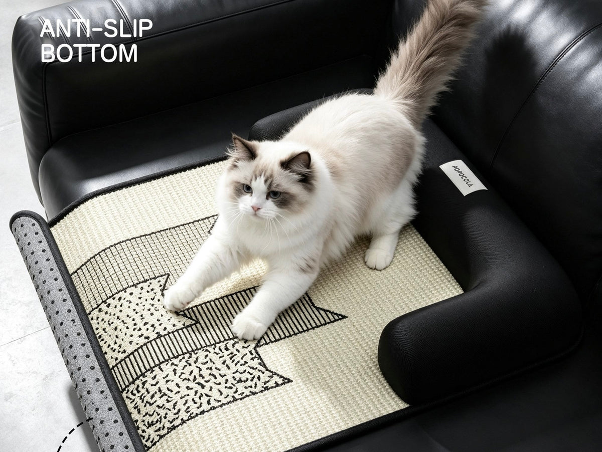 Cat stretching on sisal sofa pet mat — corner flipped to show grey anti-slip dotted bottom