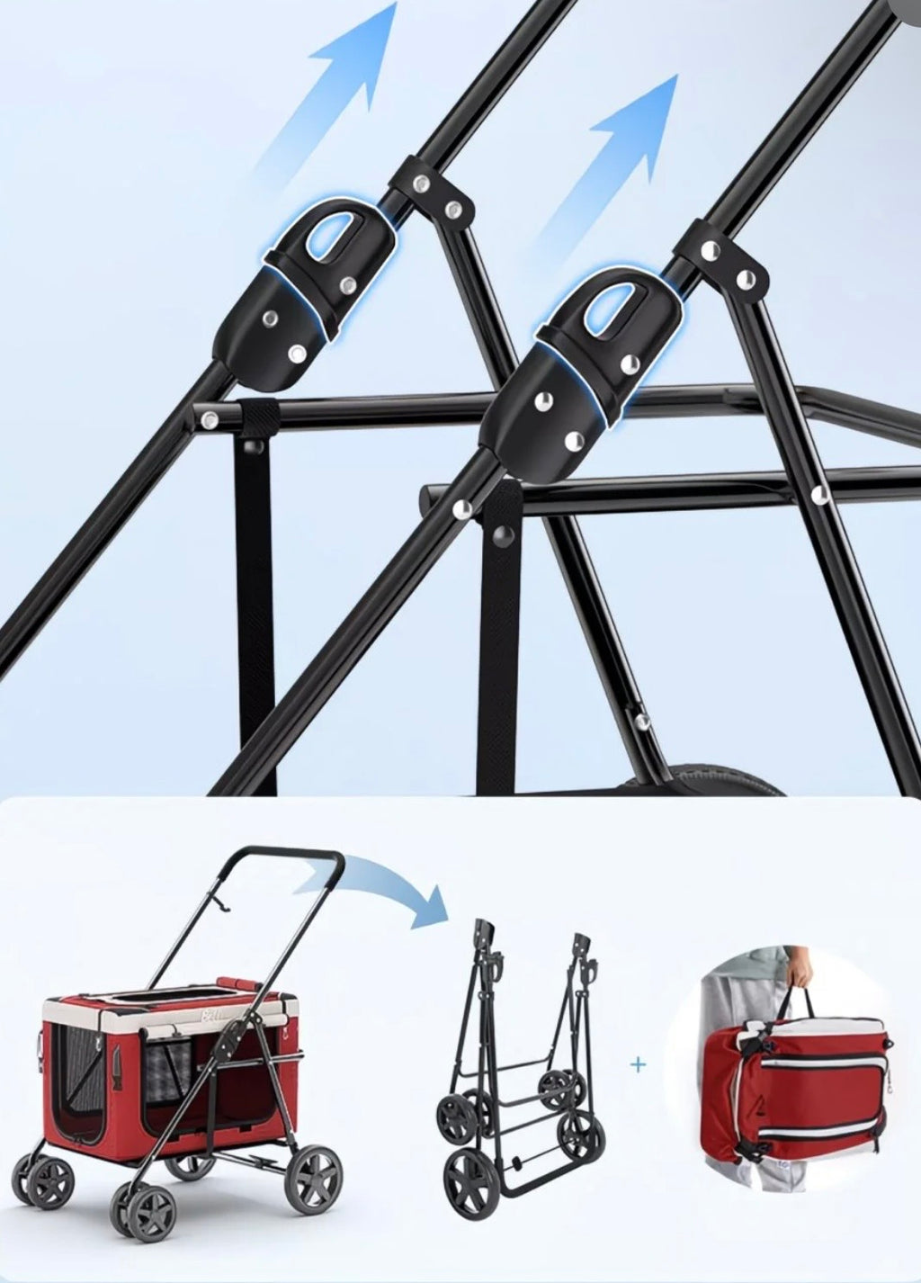 Foldable frame unlock and detach cabin — stroller separates into folded frame plus carrier bag