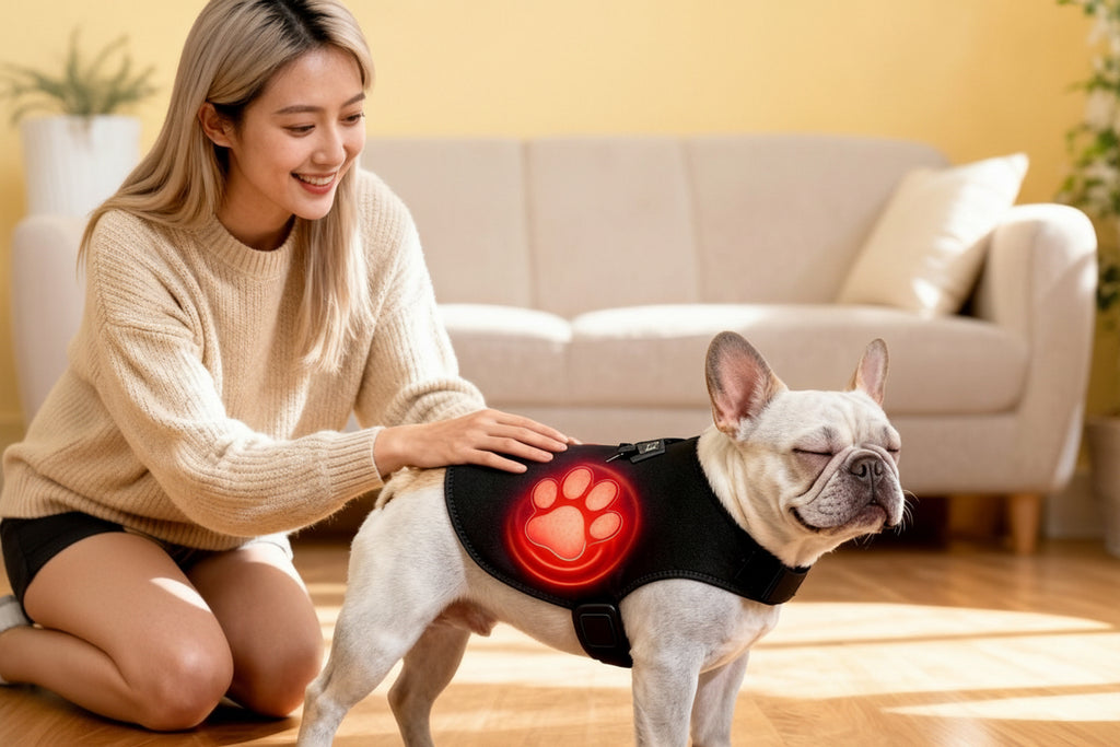 Owner with French Bulldog in black red-light therapy vest — lifestyle