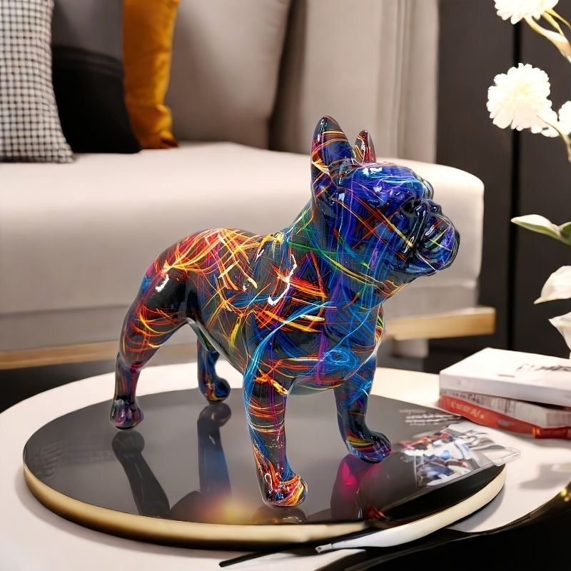 Neon Frenchie resin statue on coffee table — dazzling light-trail finish