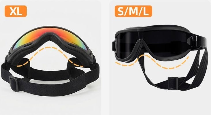 Pet protective goggles size comparison — XL wraparound frame vs S/M/L frame shapes