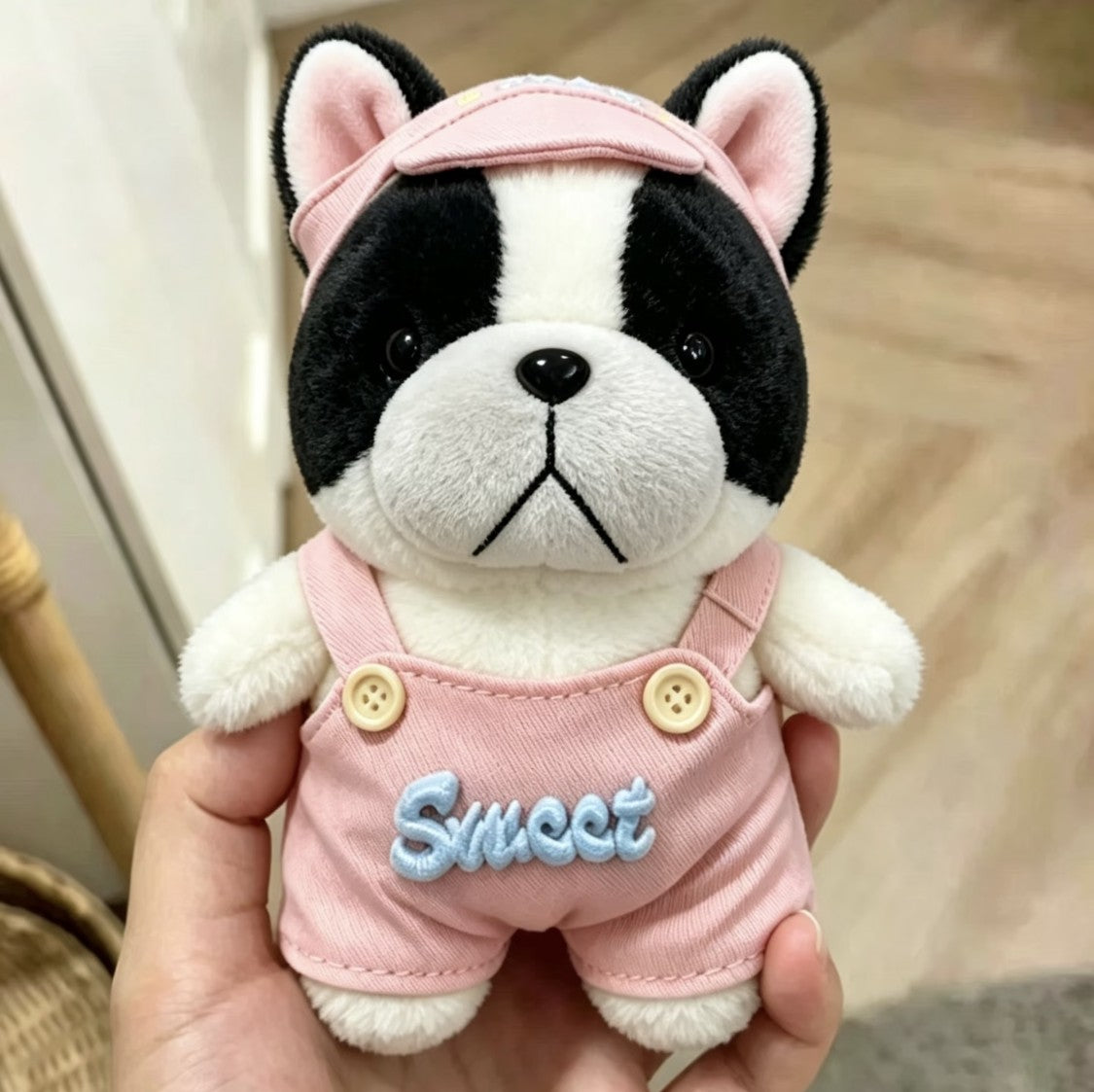 Pied Frenchie plush bag charm in pink Sweet overalls